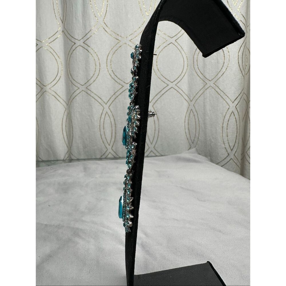 Teal Rhinestone Statement Chandelier Earrings Pageant Prom Glam - Picture 2 of 7